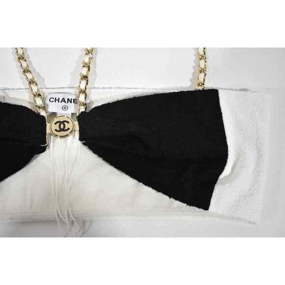 Chanel 22S Runway Black White Gold Chain CC Logo Stretch Cotton Crepe Top Bra 36 - Picture 7 of 12